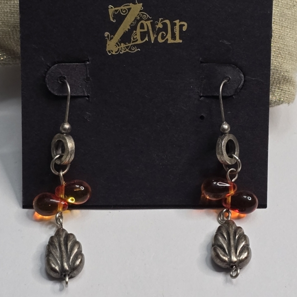 TreskA Zevar Amber Glass Bead‎ Silver Tone Leaf Drop Earrings Bohemian Dangle
